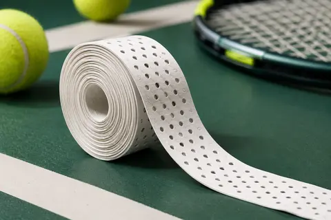 Rouleau de surgrip de tennis perforé en élastomère, présenté sur un fond sportif sobre