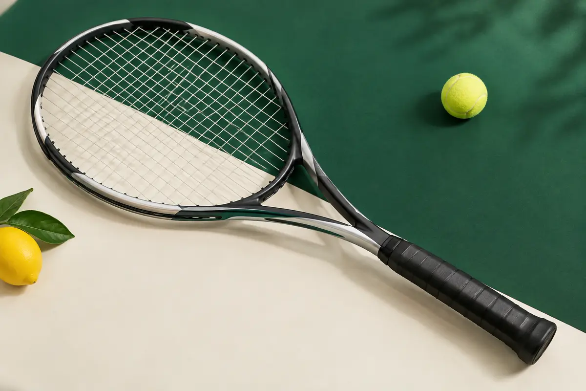 Raquette de tennis à tête surdimensionnée en graphite et titane, présentée seule sur fond de studio