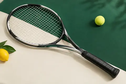 Raquette de tennis à tête surdimensionnée en graphite et titane, présentée seule sur fond de studio