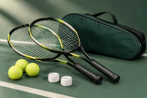 Deux raquettes de tennis en aluminium avec trois balles, deux surgrips et un sac de transport