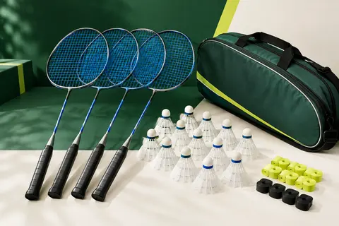 Quatre raquettes de badminton en acier à cordage bleu, avec volants en nylon, accessoires et sac de transport.