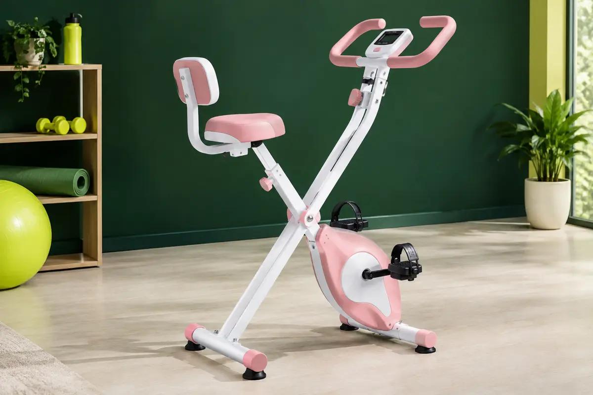 Vélo d’appartement pliable HOMCOM rose et blanc avec dossier, console LCD et structure en acier, présenté en studio