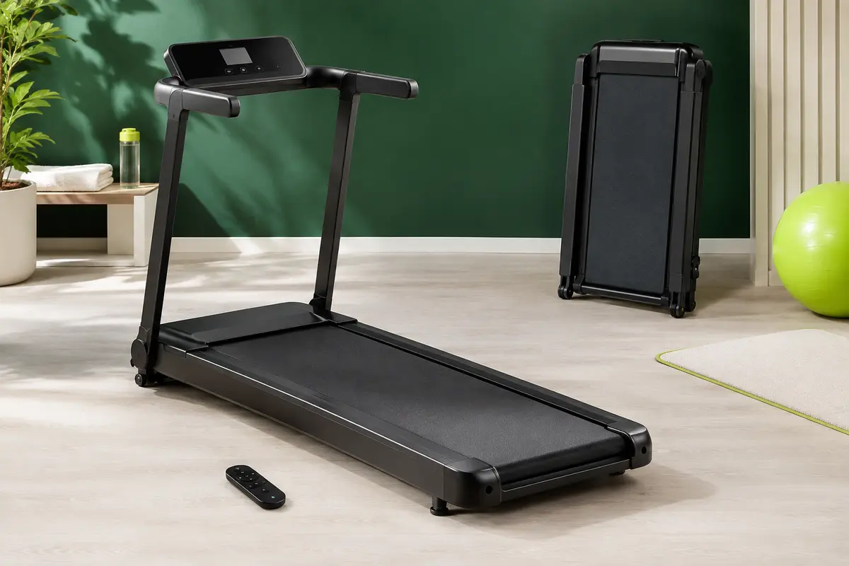 Tapis de course compact noir HOMEFITNESSCODE avec écran, bande de course et télécommande dans un studio sobre.
