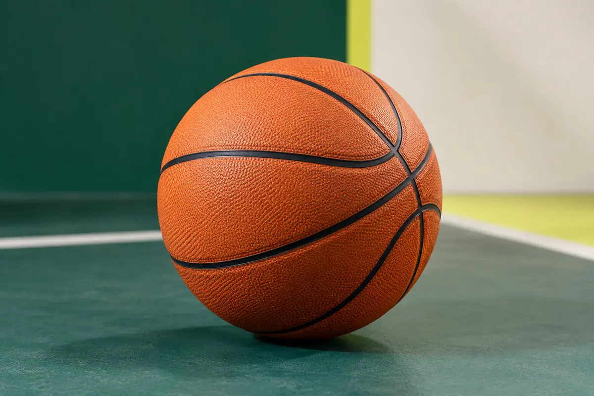 Ballon de basket HUDORA orange taille 7 en caoutchouc texturé, posé sur un fond sportif sobre.