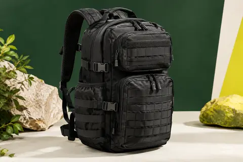 Sac à dos tactique noir de 30 L avec sangles MOLLE, poches latérales et compartiments zippés.