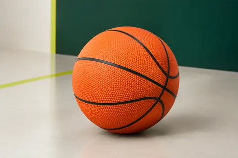 Ballon de basket orange en caoutchouc à surface texturée, posé dans un décor sportif épuré