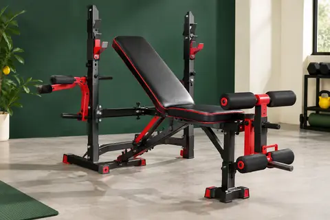 Banc de musculation pliable noir et rouge avec dossier réglable et accessoires pour bras et jambes