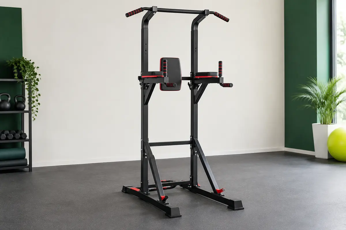 Station de musculation noire et rouge avec barre de traction et appuis rembourrés, installée en studio.