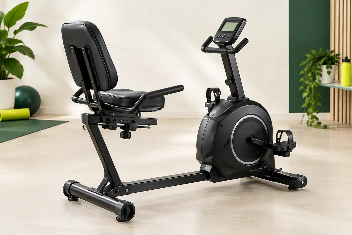 Vélo d’appartement semi-allongé noir avec dossier, écran LCD, pédales et roulettes de transport