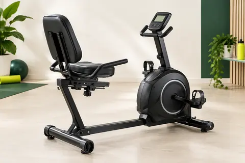 Vélo d’appartement semi-allongé noir avec dossier, écran LCD, pédales et roulettes de transport