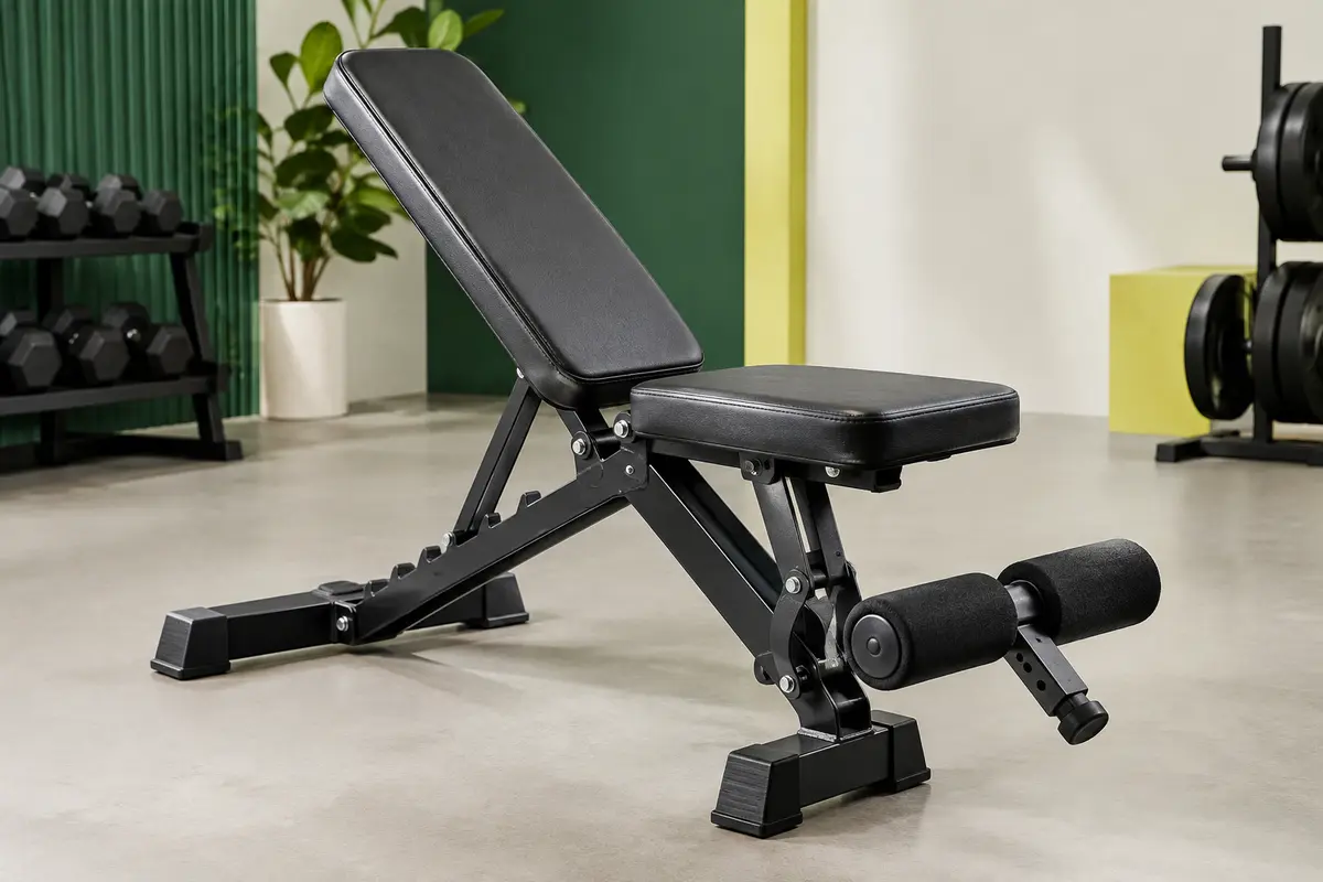 Banc de musculation réglable noir JOROTO MD35 avec dossier incliné et support de pieds rembourré.