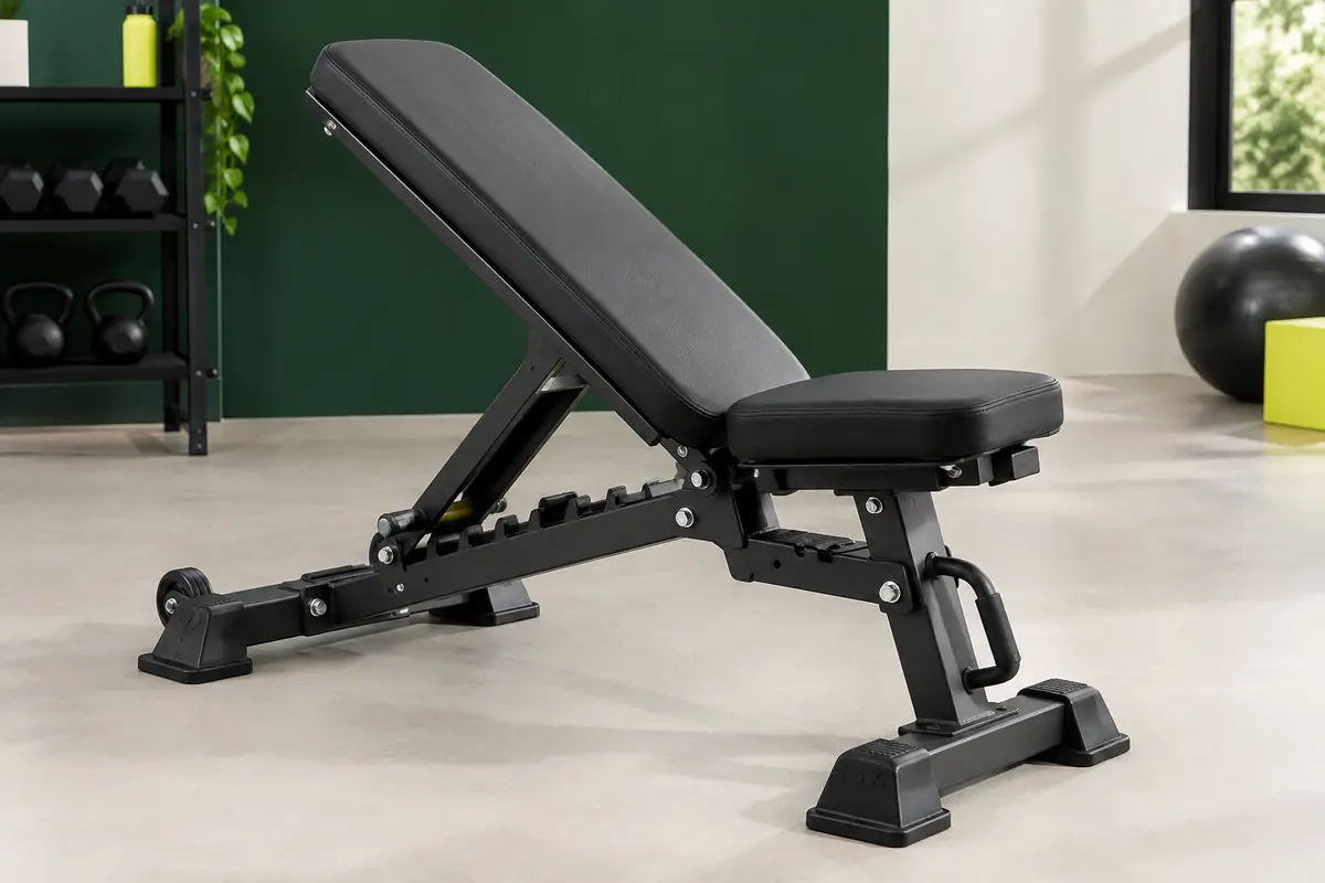 Banc de musculation réglable noir JOROTO avec dossier rembourré, cadre en acier et roues de déplacement.