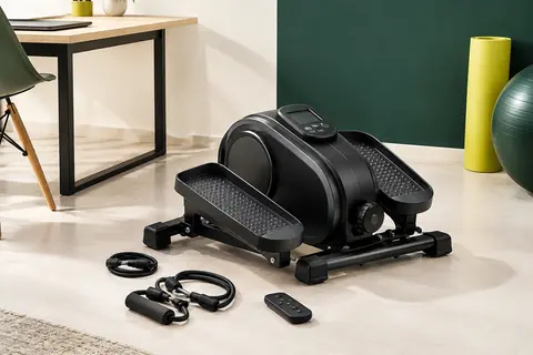 Mini vélo elliptique électrique noir avec écran et télécommande, accompagné de deux bandes de résistance
