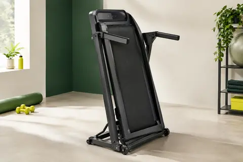 Tapis de course pliable noir LONTEK avec accoudoirs réglables, panneau LED et roulettes intégrées
