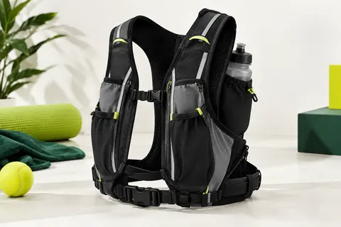 Gilet de running noir et gris avec poches, bandes réfléchissantes et bouteille de 500 ml