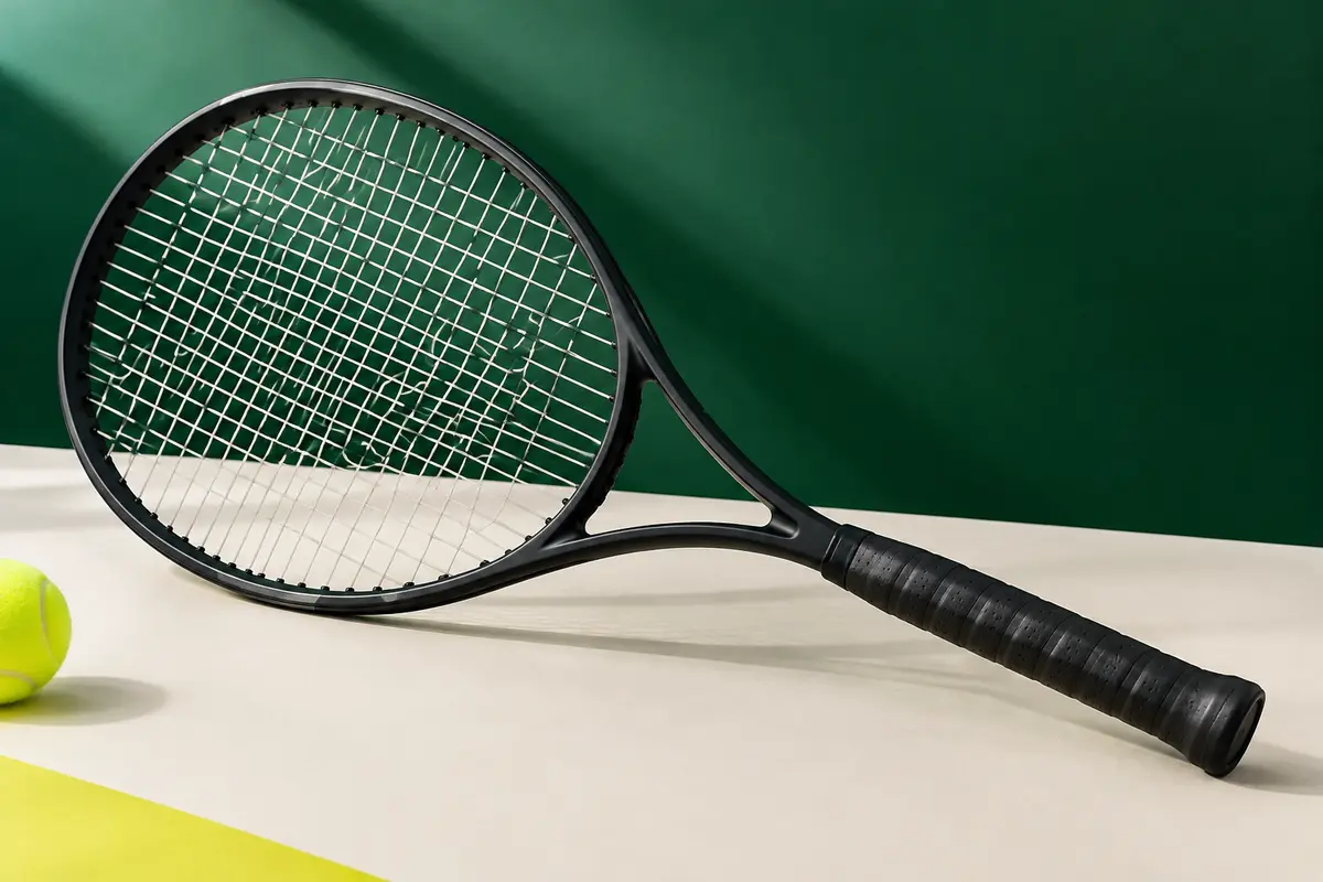 Raquette de tennis adulte noire mate avec tamis cordé et manche souple, présentée sur un fond vert.