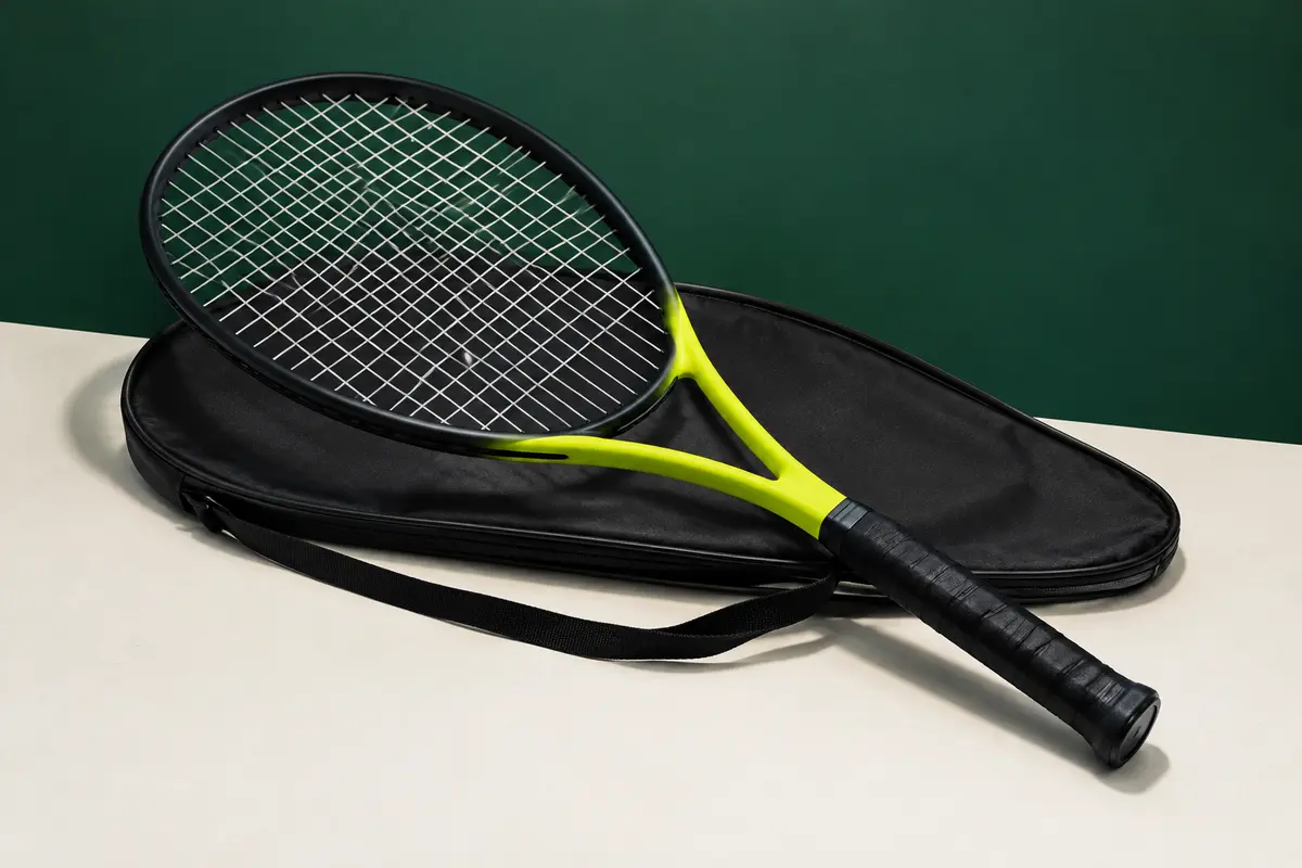 Raquette de tennis adulte noire et jaune, précordée, avec sa housse posée sur un fond vert sobre.
