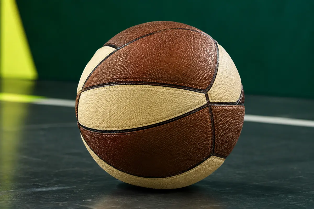 Ballon de basket Lusum Optio marron et crème en PU, posé sur un sol sportif sombre