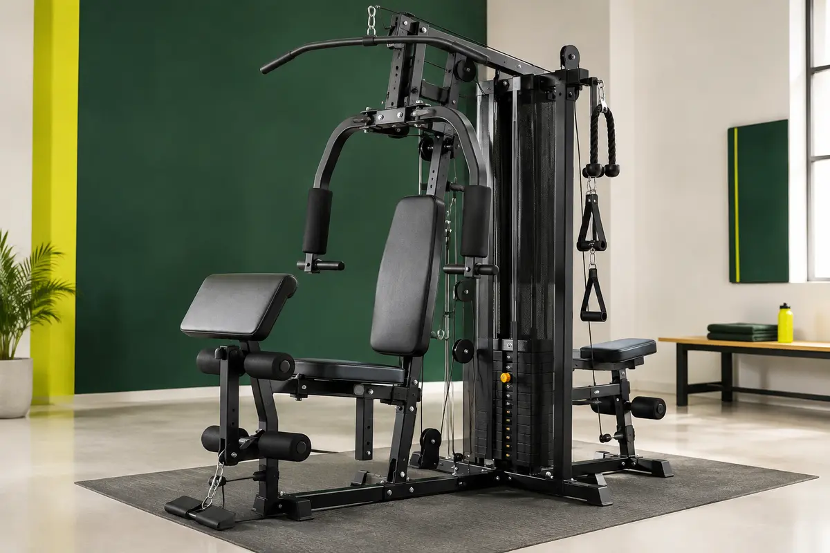 Station de musculation noire avec banc rembourré, poulies et colonne de poids protégée, photographiée en studio.