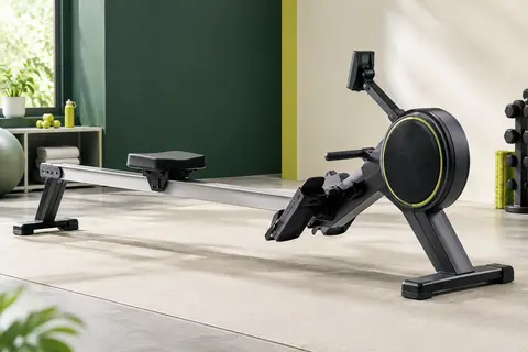 Rameur MERACH pliable à résistance aérienne présenté seul dans un studio sportif lumineux