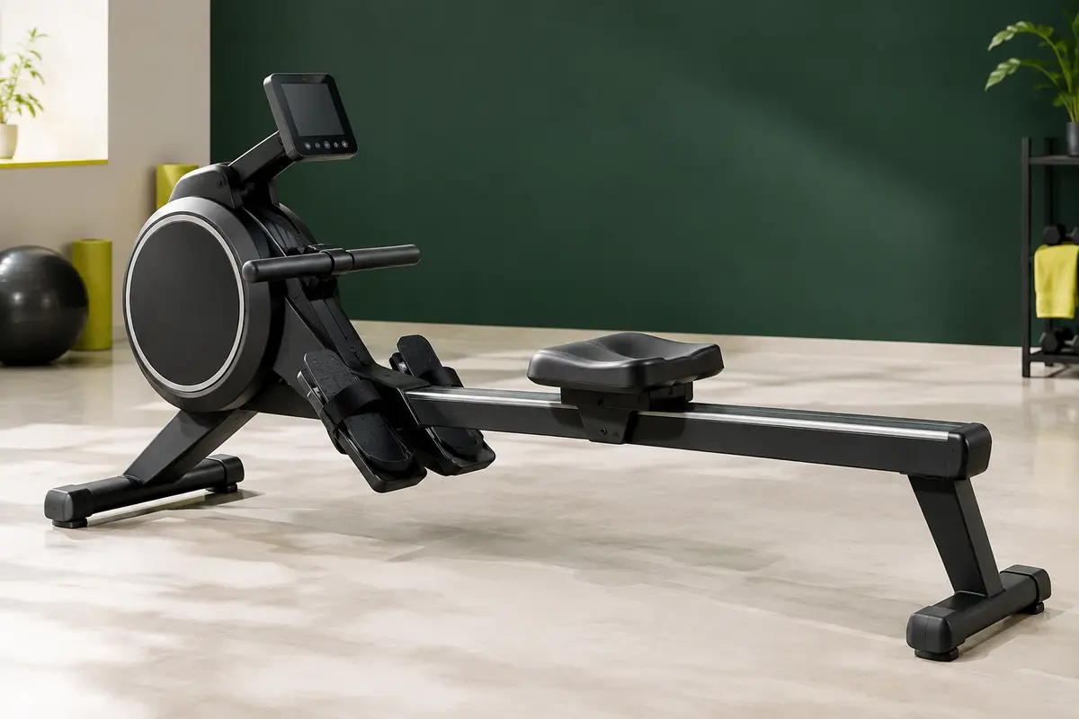 Rameur magnétique noir à cadre en aluminium, avec long rail, siège coulissant et écran LED
