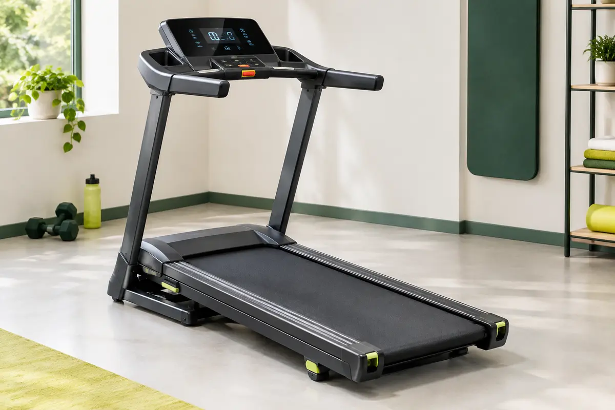 Tapis de course pliable avec écran LED et inclinaison automatique présenté dans un studio clair