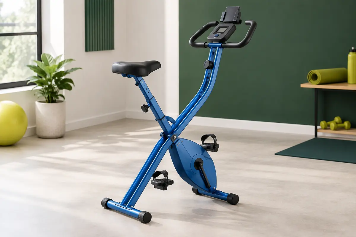 Vélo d’appartement pliable bleu MERACH avec écran LCD et selle réglable, présenté dans un studio sobre.