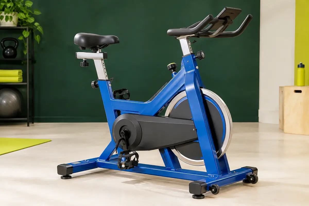 Vélo d’appartement bleu à cadre en H, selle large, pédales avec cale-pieds et volant d’inertie caréné