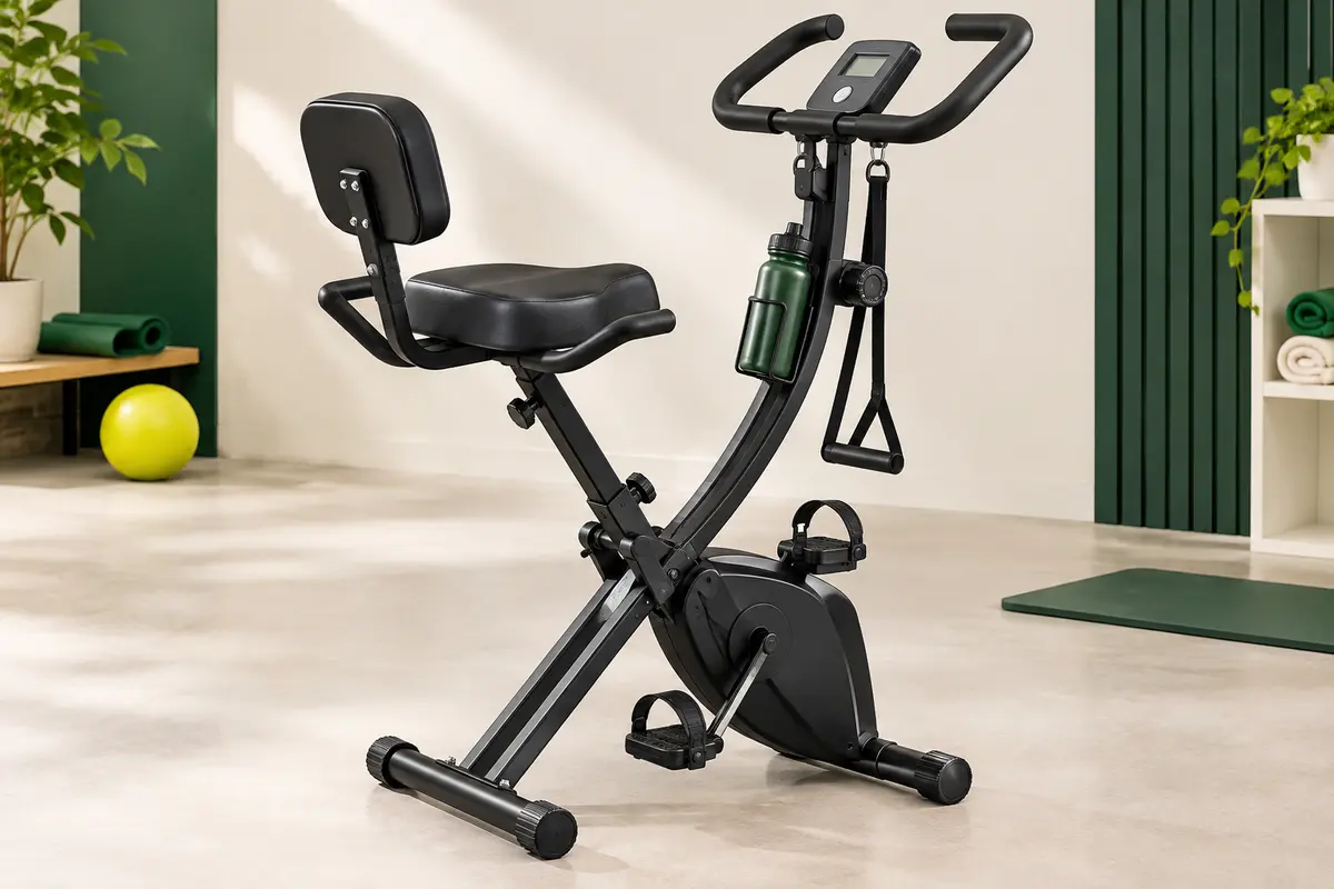 Vélo d’appartement pliable noir MERACH avec écran LCD, siège réglable et bande de résistance