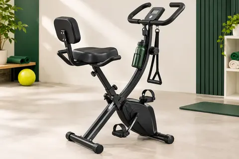 Vélo d’appartement pliable noir MERACH avec écran LCD, siège réglable et bande de résistance