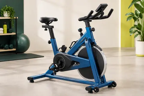 Vélo d’appartement MERACH bleu avec selle ajustable, console LED et roulettes de déplacement