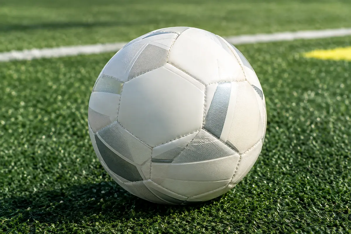 Ballon de football Mitre blanc cassé et argent posé sur un terrain Astro vert profond.