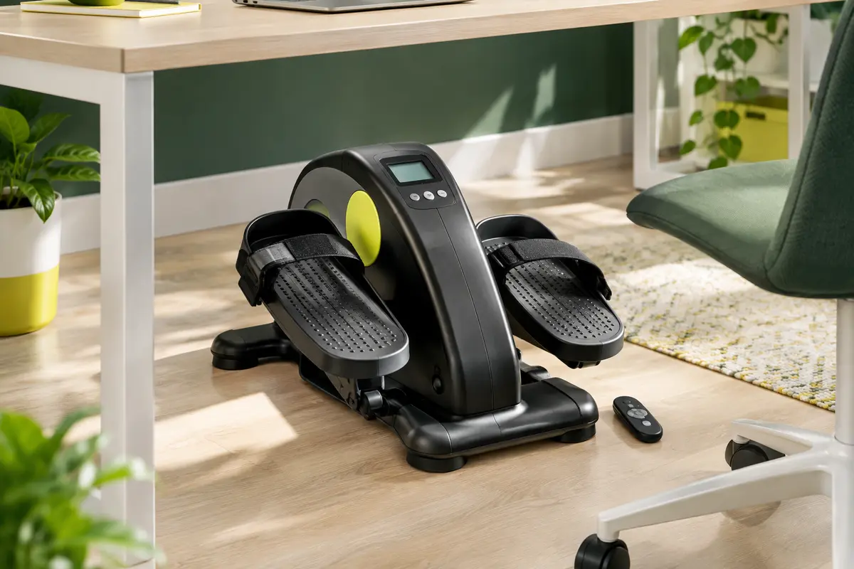 Pédalier elliptique compact noir avec écran LCD et pédales sanglées, installé sous un bureau