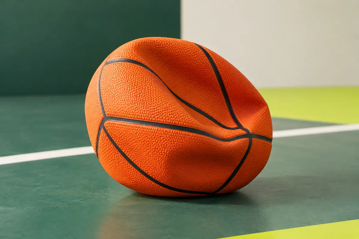 Ballon de basket orange en caoutchouc posé sur un sol sportif sobre, avec ses canaux moulés visibles.
