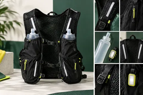 Gilet d’hydratation noir avec flasque souple, poches zippées, bandes réfléchissantes et lampe LED amovible