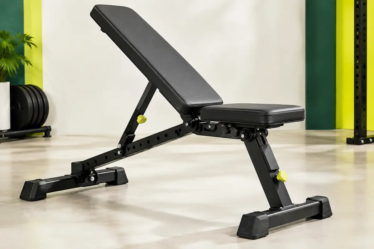 Banc de musculation NICEPEOPLE noir, dossier incliné et cadre pliable en métal, présenté dans un studio sportif.