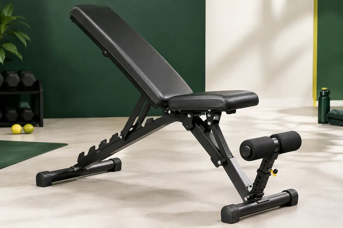 Banc de musculation pliable noir PASYOU, avec dossier réglable et cadre en acier, présenté en studio sportif.