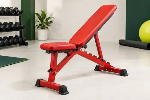 Banc de musculation pliable rouge PASYOU, avec dossier réglable et structure en acier allié.