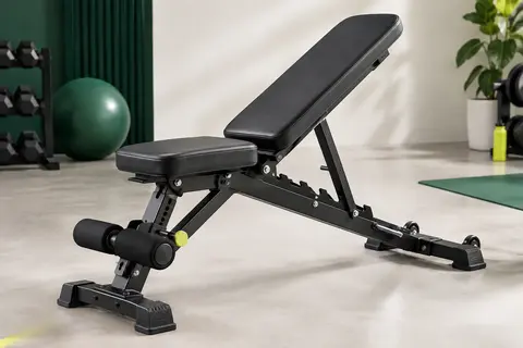 Banc de musculation pliable PASYOU noir avec dossier réglable, assise rembourrée et support de pieds.