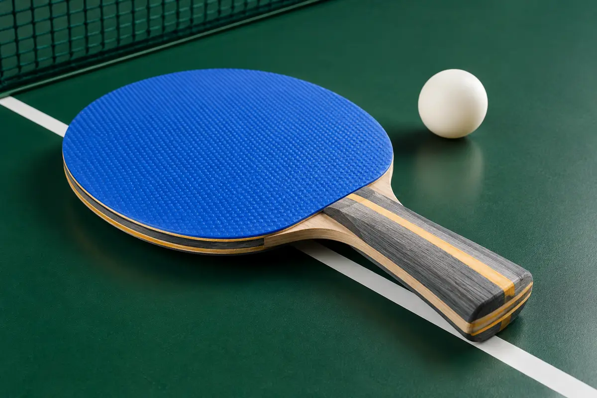 Raquette de tennis de table PRO-SPIN bleue à manche concave, posée sur une table verte