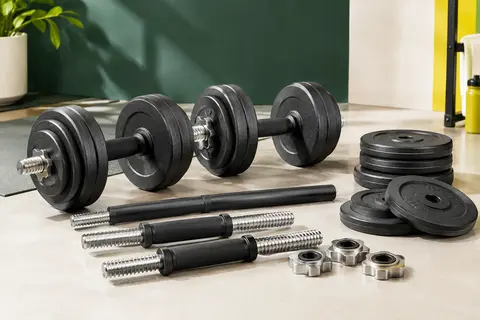 Kit d’haltères réglables en fonte avec barres, disques, verrous et tube de liaison sur fond sportif sobre