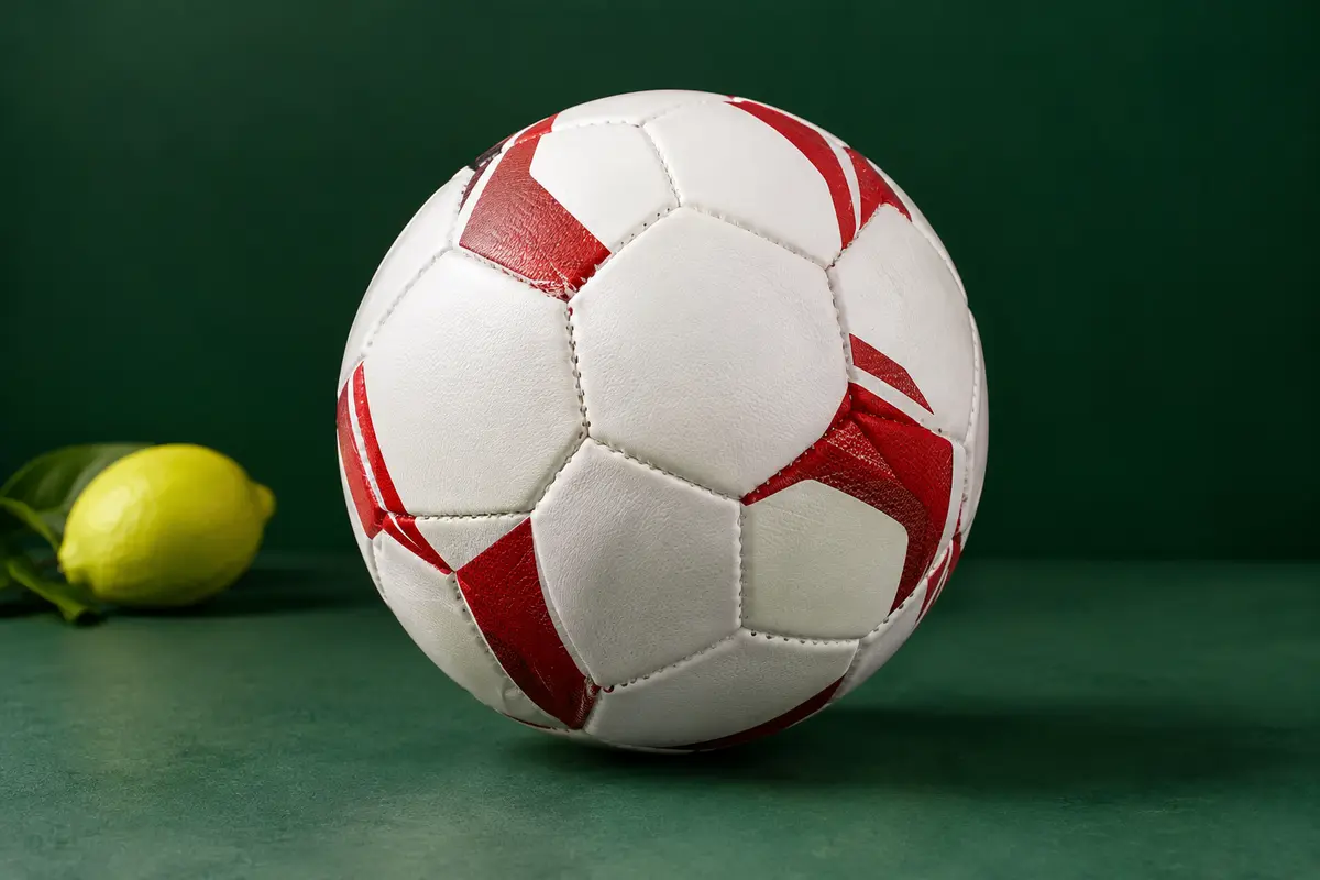 Ballon de football d’entraînement blanc et rouge, en matière synthétique avec coutures à la machine visibles