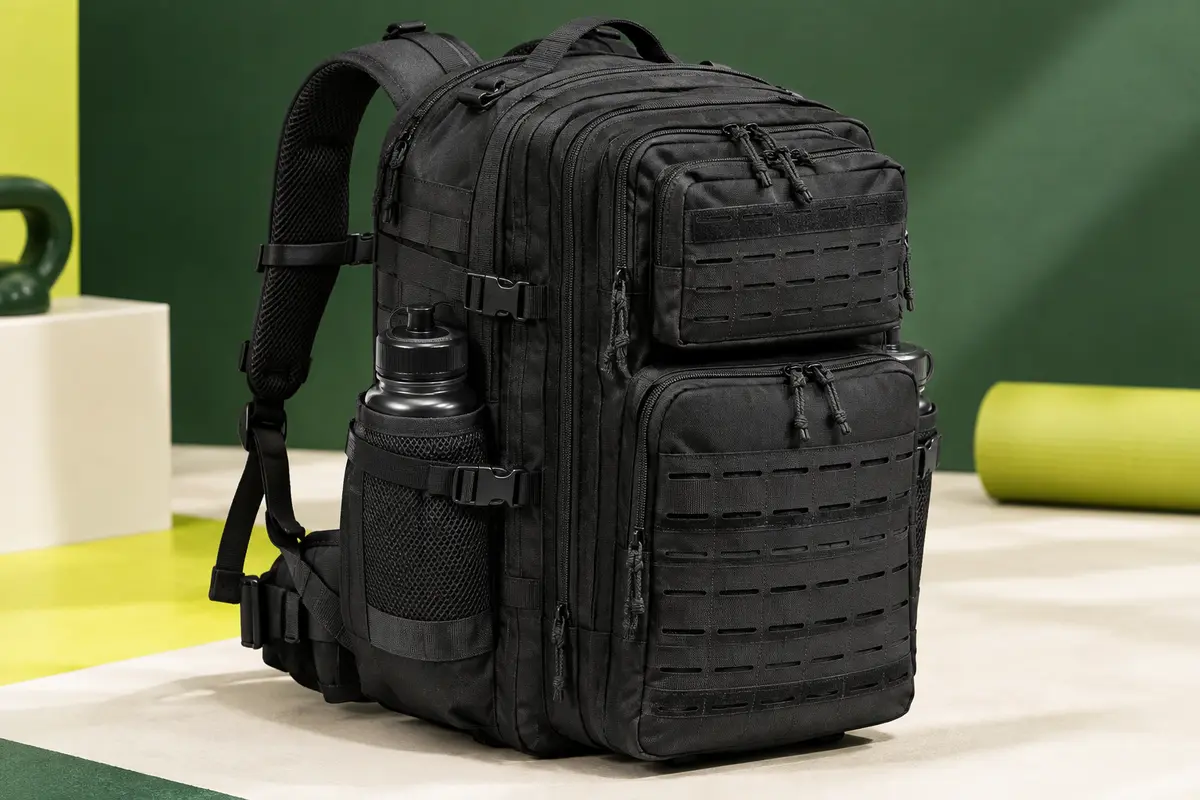Sac à dos de randonnée QT&QY noir de 45 litres avec attaches MOLLE et porte-bouteilles latéraux
