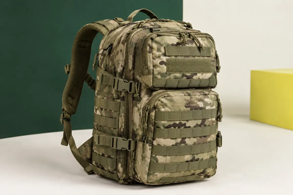 Sac à dos tactique kaki de 45 litres avec sangles MOLLE visibles sur l’avant et les côtés