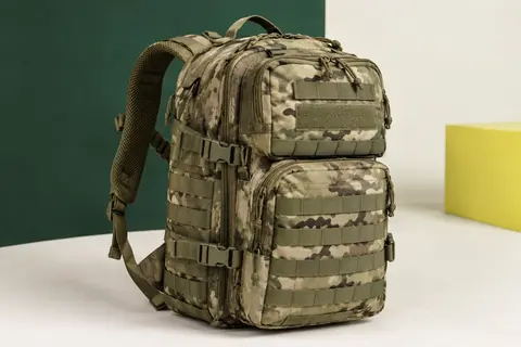 Sac à dos tactique kaki de 45 litres avec sangles MOLLE visibles sur l’avant et les côtés