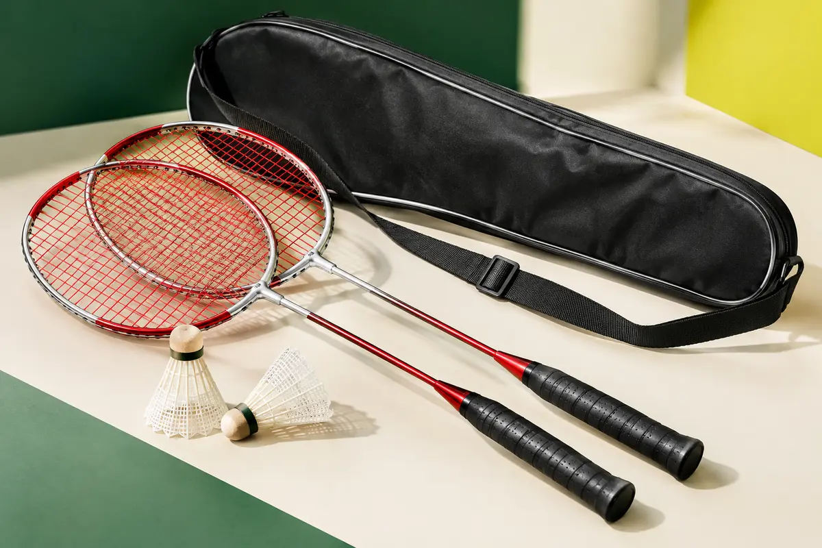 Set de badminton avec deux raquettes métalliques, deux volants et un sac de transport sur fond vert