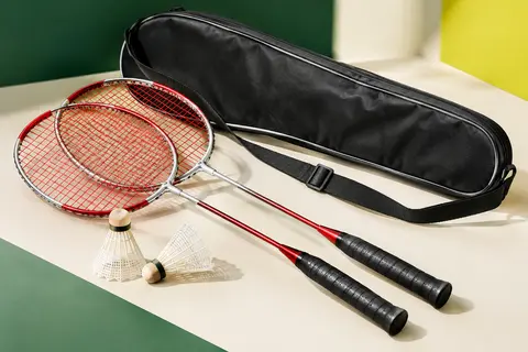 Set de badminton avec deux raquettes métalliques, deux volants et un sac de transport sur fond vert