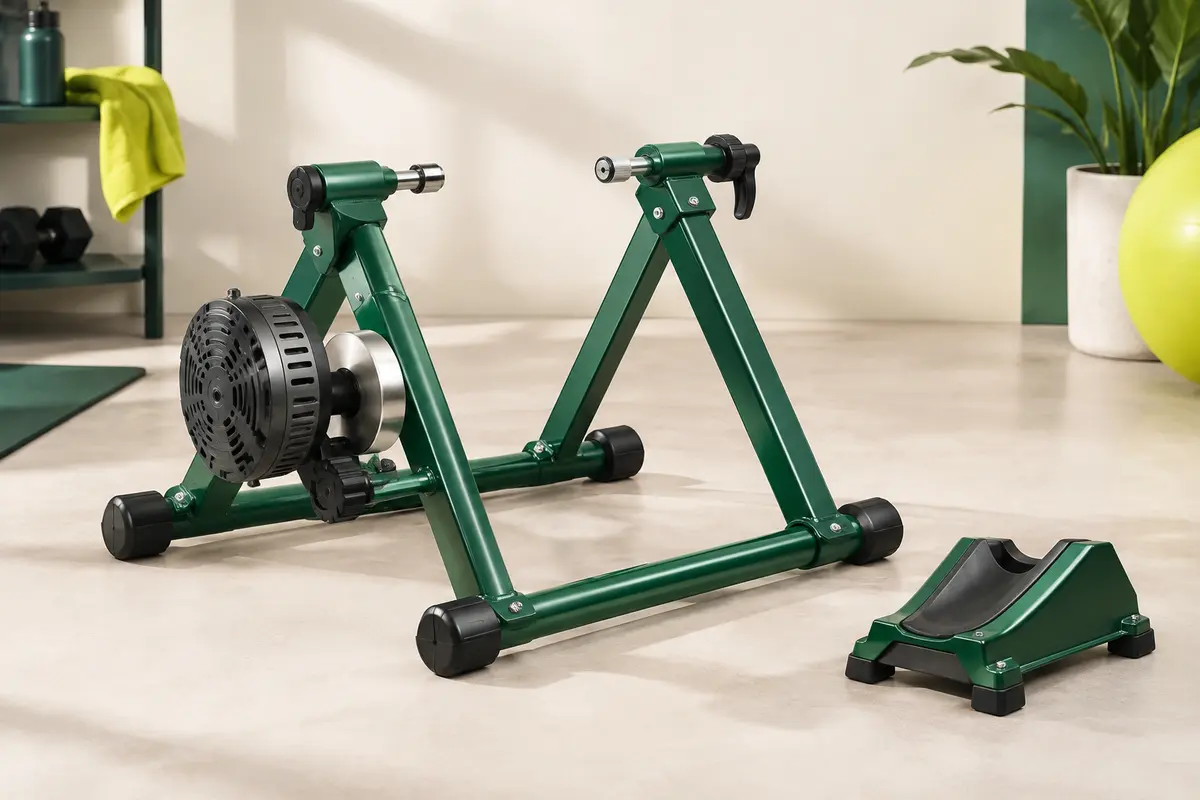 Home trainer pliable vert en acier avec mécanisme magnétique et support séparé pour la roue avant