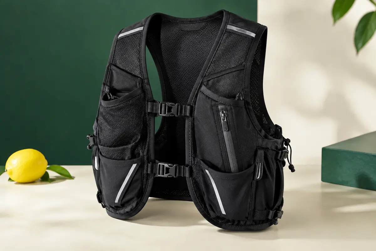 Gilet de running noir en néoprène avec poches avant, sangles réglables et détails réfléchissants.