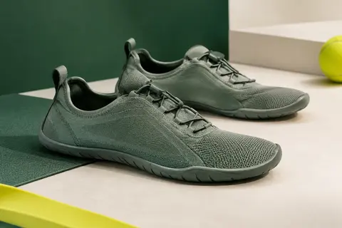 Chaussures minimalistes SAGUARO à boîte à orteils large et semelle fine en caoutchouc, sur fond de studio sportif.